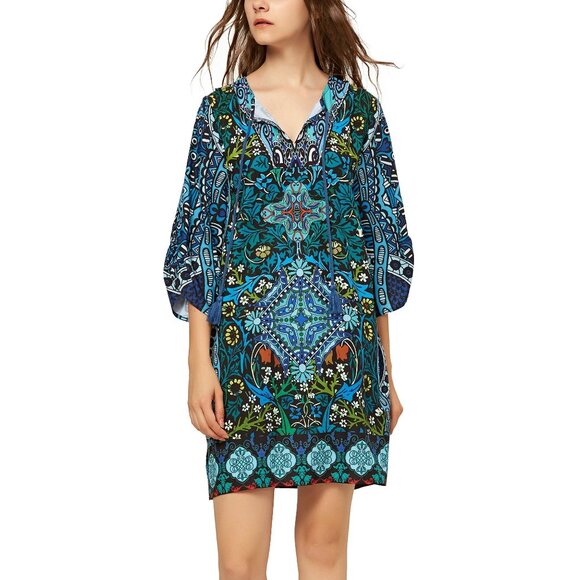 Urban Coco Dresses & Skirts - Urban CoCo Bohemian Tassel Tie Blue Floral Ethnic Style Summer Shift Dress L NWT